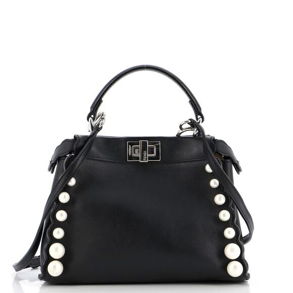 Fendi Peekaboo Bag Pearl Embellished Leather Mini Black - Picture 1 of 8